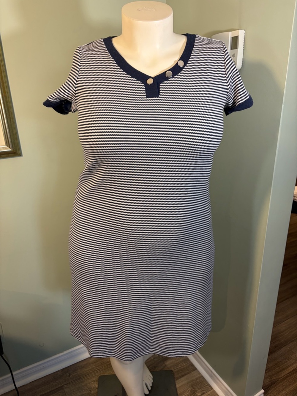 144. Massana Navy and White Striped Short Sleeve Knit Dress
